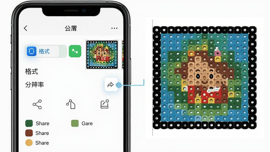 一张展示拼豆图纸模拟导出分享功能的图片,主体是手机屏幕显示导出设置面板和生成的图纸预览,布局为设置面板加预览缩略图,风格为简洁分享风,细节包括格式选择按钮、分辨率选项、分享图标、色号图例,画质高清,干净,无多余元素