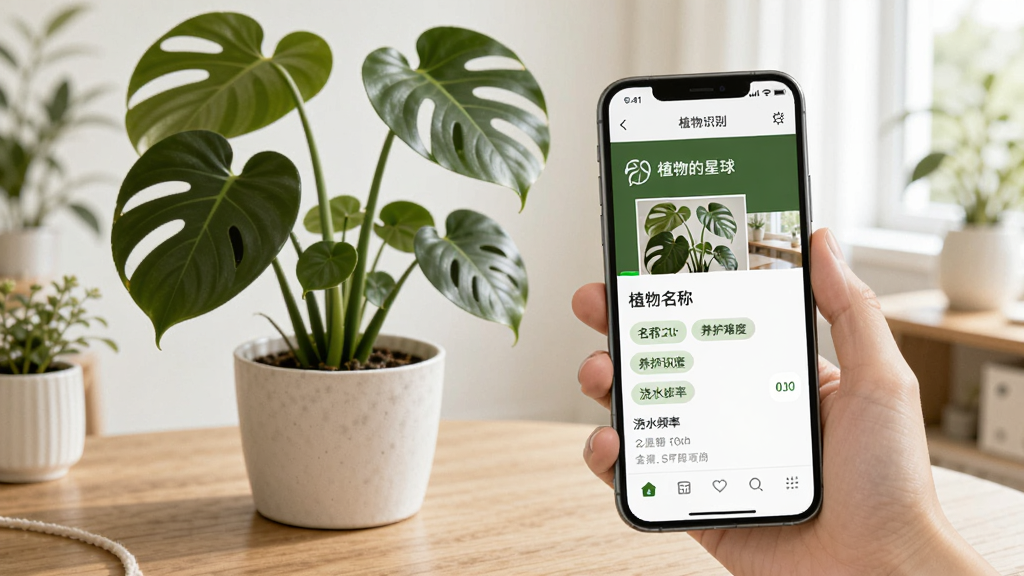 植物的星球植物识别功能展示图,画面中一只手拿着手机对着桌面上的一盆龟背竹拍照,手机屏幕显示识别结果和植物详情页,包含名称、养护难度、浇水频率等标签,背景是明亮的室内环境,风格写实清新,画质细腻,无多余元素
