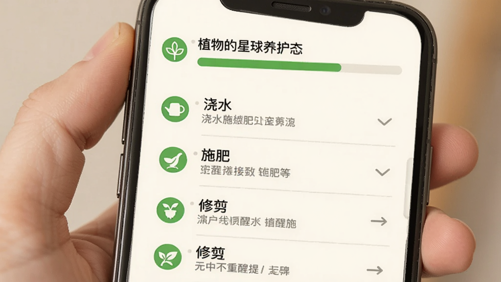 植物的星球养护提醒界面预览图,画面展示手机屏幕上的日程列表,包含浇水、施肥、修剪等提醒事项,每项前面有绿色小图标,顶部有植物名称和生长状态进度条,背景是淡雅的米白色,风格简洁舒适,画质清晰,无多余元素