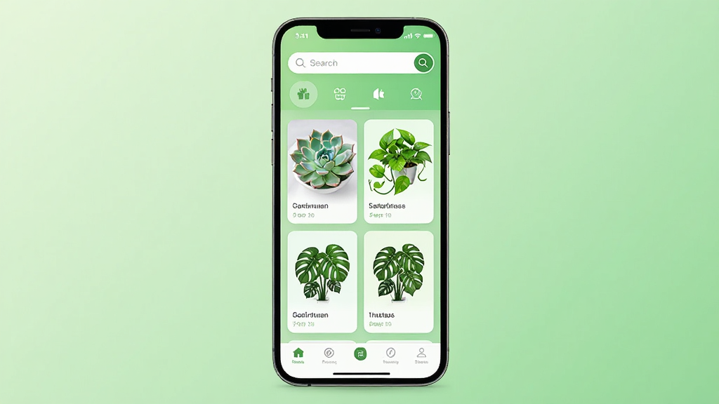 植物的星球软件主界面预览图,画面中央是一部智能手机,屏幕显示清新的绿色植物主题应用界面,顶部有搜索栏和分类图标,中间排列着多肉、绿萝、龟背竹等植物卡片,底部是导航菜单,背景是柔和的浅绿色渐变,风格简约现代,细节清晰,画质干净,无多余元素