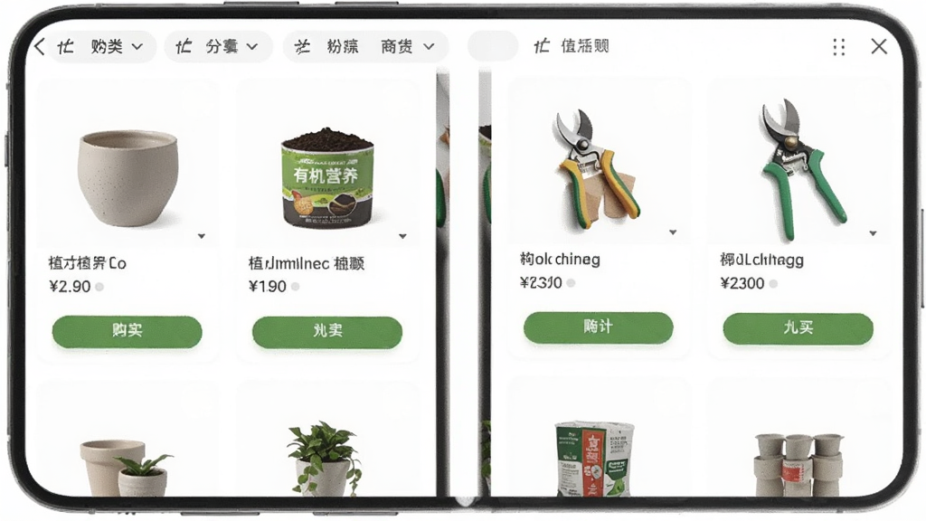 植物的星球商城购物界面预览图,画面展示手机屏幕上的商品列表,包含陶瓷花盆、有机营养土、园艺剪刀等商品卡片,每张卡片有价格和购买按钮,顶部有分类筛选栏,背景是干净的白色,风格电商化,画质清晰明亮,无多余元素