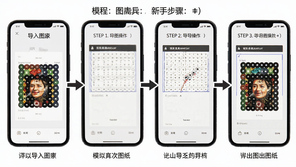 一张展示拼豆图纸模拟新手操作步骤的图片,主体是手机屏幕显示从导入图片到导出图纸的四个步骤流程,布局为横向四格步骤图,风格为教程图解风,细节包括每步的界面截图、箭头指示、文字标注,画质高清,干净,无多余元素