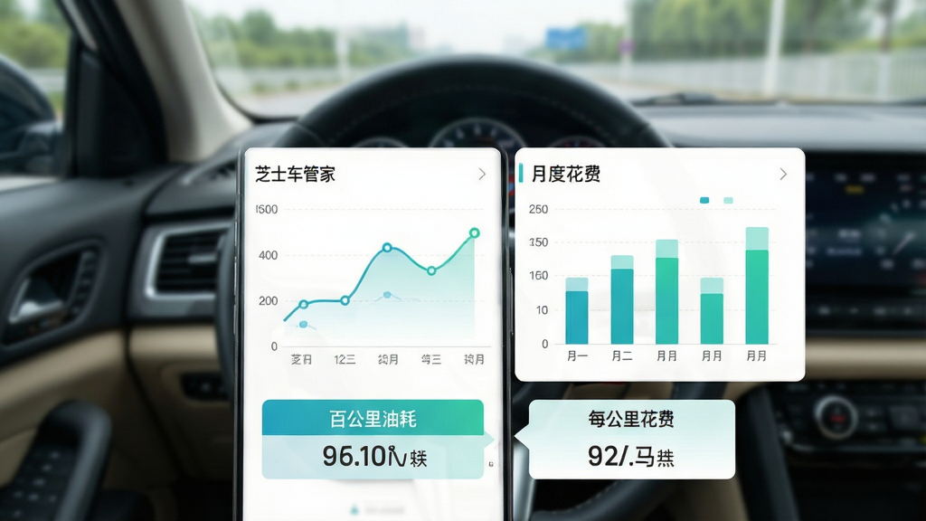 一张展示芝士车管家油耗统计功能的界面图,画面中手机屏幕显示油耗折线图和月度花费柱状图,图表颜色为清新的蓝绿色调,手机下方有