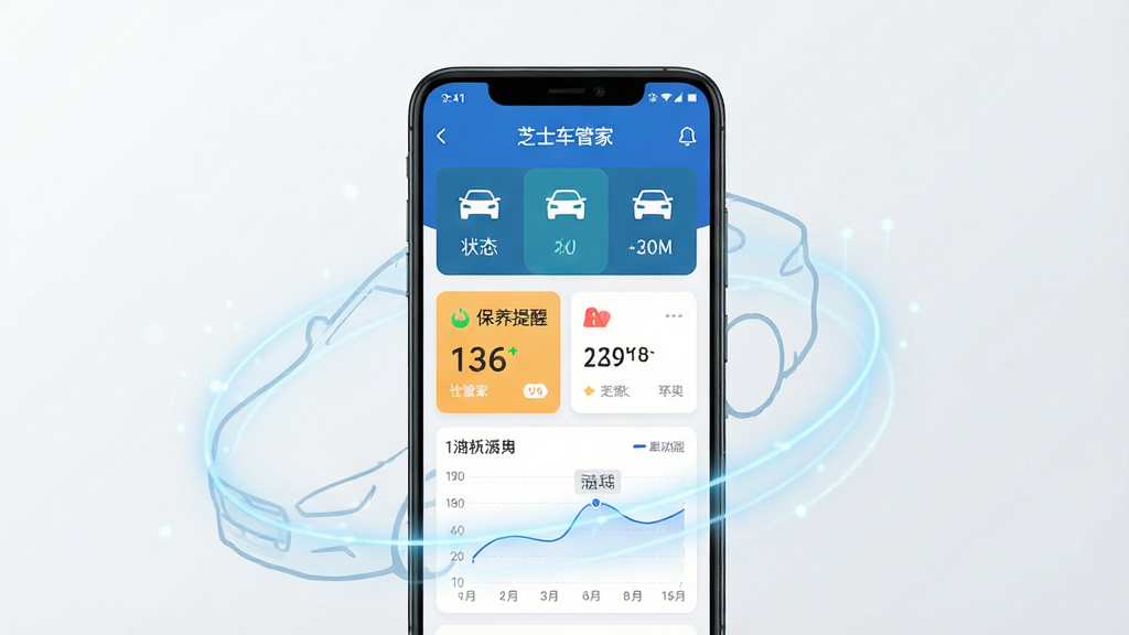 一张展示芝士车管家手机应用主界面的效果图,画面中央是一部竖屏安卓手机,屏幕上显示芝士车管家的仪表盘界面,包含车辆状态图标、保养提醒卡片和油耗曲线图,手机周围环绕着汽车轮廓的淡蓝色光效,背景为干净的浅灰白色渐变,整体风格简洁科技感,画面干净,无多余元素,高清画质,文字内容清晰可见