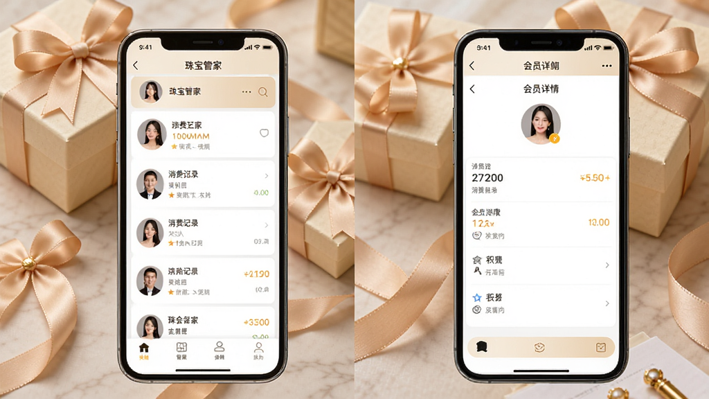 珠宝管家会员管理界面,手机屏幕展示珠宝管家App的会员列表和会员详情页,包含头像、消费记录和积分信息,背景有珠宝礼盒和丝带装饰,风格为温馨商业感,排版规整,画质清晰,干净,无多余元素