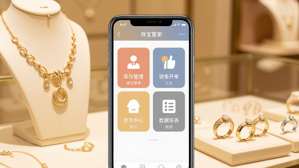 珠宝管家软件主界面全貌展示,画面中央是一部智能手机,屏幕上显示珠宝管家App的首页,包含库存管理、销售开单、会员中心、数据报表四个主要模块图标,背景是简洁的珠宝柜台场景,有黄金项链和戒指作为点缀,整体采用明亮暖色调,排版干净整齐,风格为现代扁平化UI设计,细节清晰,画质高清,干净,无多余元素