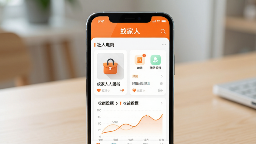 画面主体为一部竖屏智能手机,屏幕中显示社交电商应用界面,顶部有“蚁家人”文字标识,界面包含商品卡片、团队管理图标与收益数据图表;布局采用居中特写构图,手机置于浅色木质桌面,背景虚化处理;风格为现代科技感与生活化结合,色调以橙白为主,干净明亮;细节上手机边缘有轻微反光,界面图标清晰可见,数据线条流畅;画质为高清4K,干净无多余元素,画面中文字“蚁家人”必须清晰可辨。