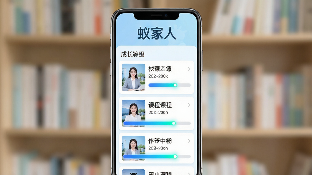 手机界面展示在线培训课程列表与成长等级进度条,顶部有“蚁家人”文字;布局为手机竖屏正面,背景为柔和的书架虚化;风格为教育学习风,色调以浅蓝与白色为主;细节上课程封面图清晰,进度条有渐变光效;画质高清,干净无多余元素,画面中文字“蚁家人”必须清晰。