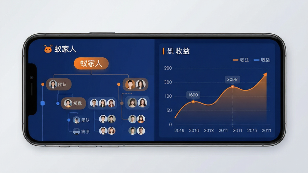 手机界面展示团队管理仪表盘,画面中有层级树状图与收益折线图,顶部有“蚁家人”文字标识;布局为手机正面平视,背景为浅灰色渐变;风格为商务数据可视化,色调以深蓝与橙色对比为主;细节上图表线条平滑,数字清晰,团队成员头像以圆形排列;画质高清,干净无杂乱元素,画面中文字“蚁家人”必须清晰。