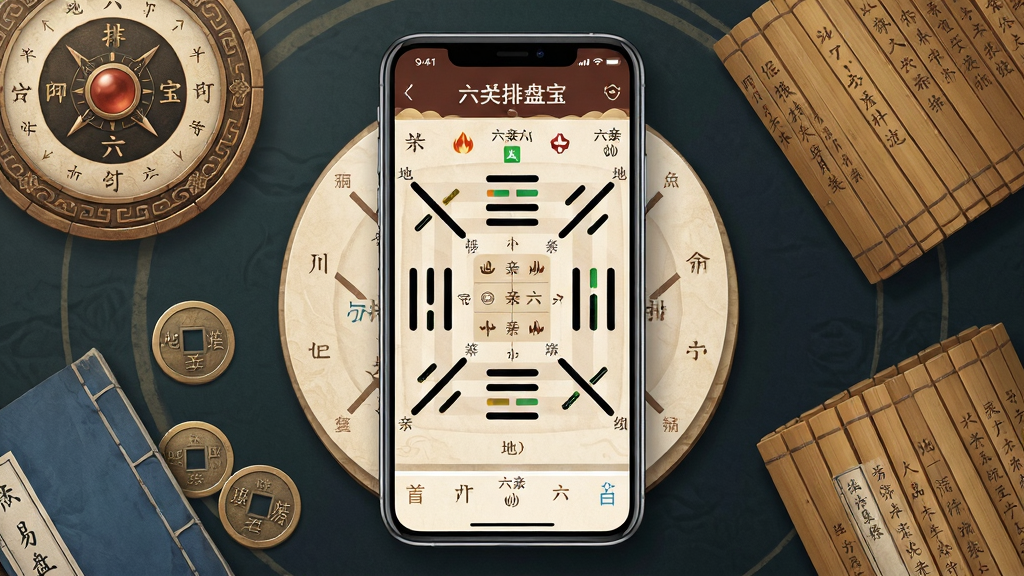 一幅以“六爻排盘宝”核心功能为主题的竖版手机应用界面展示图,画面中央放置一部现代智能手机,屏幕内显示六爻排盘宝的卦盘界面,包含六个爻位、地支五行、六亲六神等排盘信息,周围环绕罗盘、铜钱、古籍竹简等易学元素,布局采用中心聚焦加环绕点缀的构图,排版整洁有序,风格为传统国风与现代扁平化结合,细节包含细腻的纹理、柔和的光影和清晰的文字标签,画质高清,画面干净,无多余元素