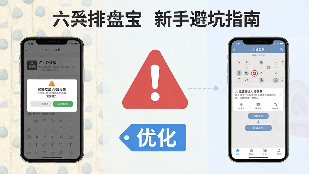 一幅以“六爻排盘宝”新手避坑指南为主题的横版示意图,画面左侧为手机屏幕显示安装权限提示与设置界面,中间为醒目的红色警告图标和蓝色优化标签,右侧为手机加入白名单的操作示意,布局采用左中右三段式,风格为扁平化信息图,细节包含清晰的图标、文字标注和柔和背景,画质高清,画面干净,无多余元素