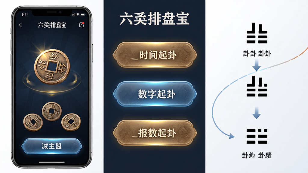 一幅展示“六爻排盘宝”智能起卦方式的横版功能示意图,画面左侧为手机屏幕显示摇卦动画与铜钱图案,中间排列时间起卦、数字起卦、报数起卦等选项按钮,右侧以简洁图标展示卦象自动生成过程,布局采用左中右三栏并列,排版清晰分明,风格为现代科技与传统文化融合,细节包含铜钱纹理、光效按钮和卦爻符号,画质高清,画面干净,无多余元素