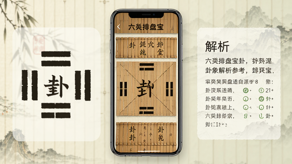 一幅以“六爻排盘宝”卦象解析参考为主题的横版界面展示图,画面中央为手机屏幕显示卦辞爻辞与卦盘对照界面,左侧为六爻卦象符号,右侧为文字解析区域,布局采用对称式排版,风格为古典书卷与现代UI结合,细节包含竹简纹理、墨色文字和柔和底色,画质高清,画面干净,无多余元素