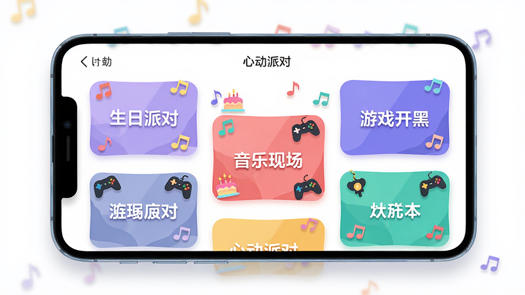 画面展示「心动派对」软件内的主题派对房间界面,主体为一部横屏手机,屏幕中显示多个彩色房间卡片,卡片上标注「生日派对」「音乐现场」「游戏开黑」等文字,卡片周围有音符、蛋糕、游戏手柄等小图标点缀,布局采用手机居中、房间卡片环绕的排版,风格为清新扁平插画,细节包括柔和的阴影、圆角卡片、明亮的配色,画质清晰,画面干净,无多余元素