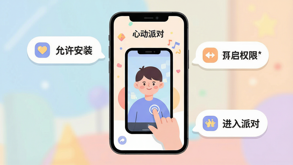 画面展示「心动派对」软件的新手引导界面,主体为一部手机,屏幕中显示一个卡通人物正在操作手机,旁边有步骤提示气泡,气泡内文字为「允许安装」「开启权限」「进入派对」,布局采用手机居中、提示气泡环绕的排版,风格为扁平化插画,细节包括柔和的背景色、圆角气泡、简洁的图标,画质清晰,画面干净,无多余元素