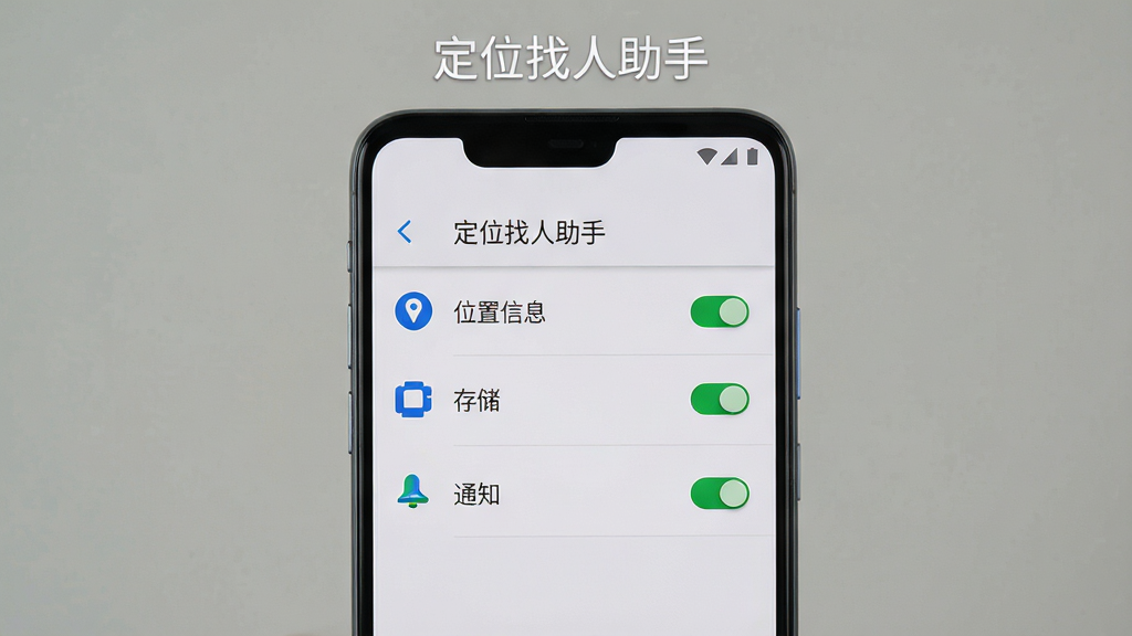 一张展示定位找人助手在手机设置中开启权限的AI生图,画面主体为一部竖屏安卓手机,屏幕内显示权限管理界面,列表中有“位置信息”“存储”“通知”三个权限项,每个权限右侧有绿色开关按钮,手机上方有“定位找人助手”文字,布局为垂直列表,风格为浅灰质感,细节包括权限图标、开关状态、设置标题,画质高清,干净无多余元素
