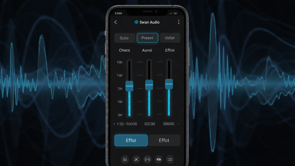 һ��չʾ��Ƶ���������ڽ����ͼƬ������������һ���ֻ�����Ļ����ʾ�� Swan Audio �ľ�����������壬�ж��Ƶ�λ������ЧԤ��ѡ�������ɫΪ��ɫ�����������ɫ���������������ǳ�����������������Ƽ���ʮ�㣬�����������ɾ����޶���Ԫ��