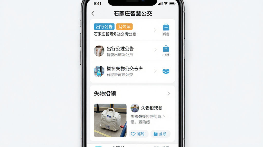 手机界面竖版构图,画面展示石家庄智慧公交APP的公告与失物招领页面,上方为出行公告列表,下方为失物招领信息卡片,包含物品图片与描述,顶部有“石家庄智慧公交”文字标识,风格为清新简洁的移动应用界面设计,细节上突出公告标签与物品分类图标,画质高清干净,无多余元素