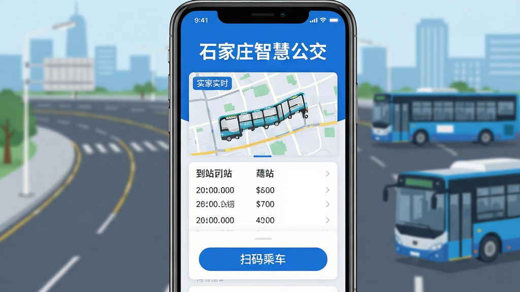 手机屏幕竖版构图,画面中央展示石家庄智慧公交APP主界面,上方为醒目的“石家庄智慧公交”文字标题,界面内包含实时公交地图、到站时间列表、扫码乘车按钮等功能模块,背景为石家庄城市道路与公交车元素,整体布局清晰简洁,风格为现代科技扁平化UI设计,细节上突出蓝色主色调与白色卡片式布局,画质高清干净,无多余元素