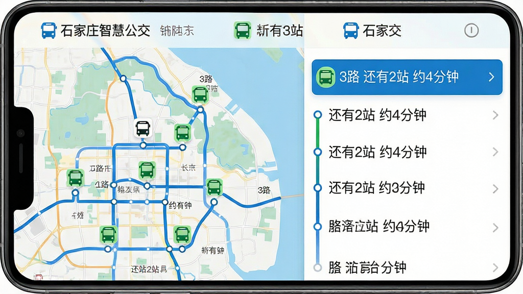 手机界面横版构图,画面左侧为石家庄城市地图,右侧为公交线路实时到站列表,地图上标注公交车图标与站点位置,列表中显示“3路 还有2站 约4分钟”等文字信息,顶部有“石家庄智慧公交”名称标识,风格为清爽简洁的移动应用界面设计,细节上突出蓝色路线轨迹与绿色车辆图标,画质高清干净,无多余元素