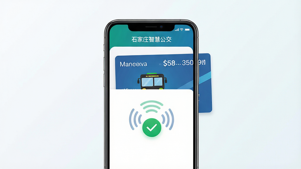 手机屏幕竖版构图,画面中央展示石家庄智慧公交APP的公交卡充值界面,手机背部贴合一张公交卡,屏幕显示“充值成功”与卡内余额信息,界面顶部有“石家庄智慧公交”名称,背景为简洁的浅色渐变,风格为现代移动支付界面设计,细节上突出NFC感应波纹与绿色成功对勾图标,画质高清干净,无多余元素