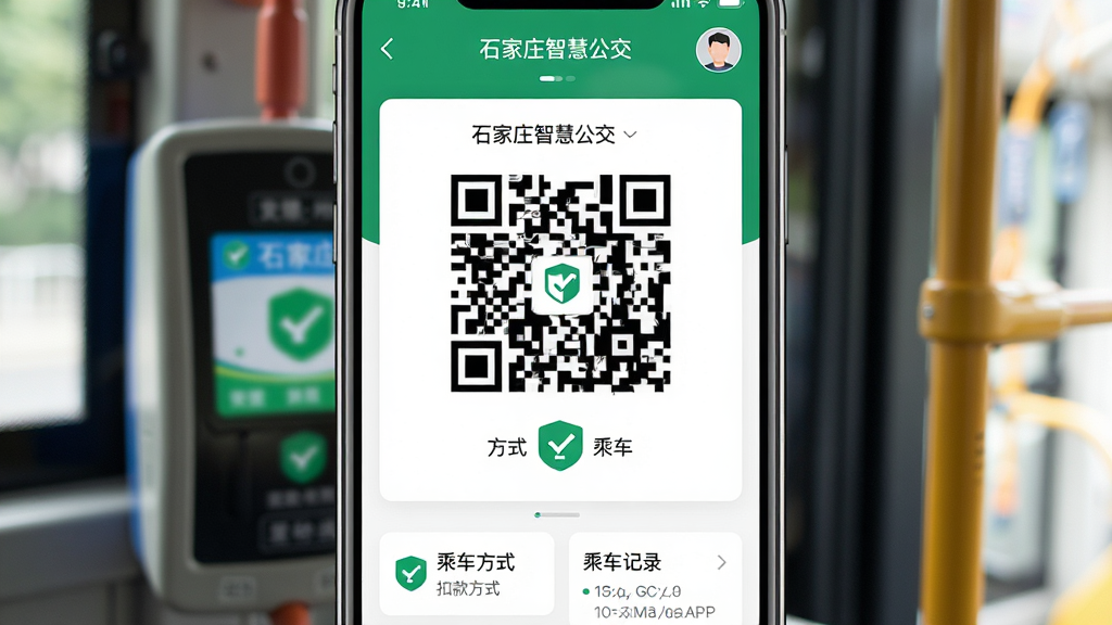 手机屏幕竖版构图,画面中央展示石家庄智慧公交APP的乘车码界面,二维码位于画面中心,上方显示“石家庄智慧公交”与用户头像,下方显示扣款方式与乘车记录,背景为公交车内部刷卡机模糊场景,风格为现代移动支付界面设计,细节上突出二维码区域与绿色安全标识,画质高清干净,无多余元素