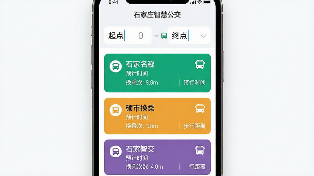 手机界面竖版构图,画面展示石家庄智慧公交APP的线路规划页面,上方输入框显示起点与终点,下方列出三条路线方案卡片,每张卡片包含线路名称、预计时间、换乘次数与步行距离,顶部有“石家庄智慧公交”文字标识,风格为简洁明快的移动应用界面设计,细节上突出不同路线卡片的颜色区分与图标,画质高清干净,无多余元素