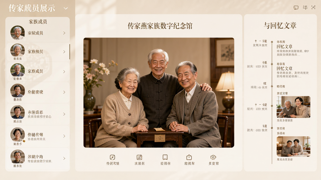 传家燕家族数字纪念馆功能界面,画面展示一个温馨的线上纪念空间,左侧是家族成员列表,中间是纪念馆主体展示区,右侧是时间轴与回忆文章,整体色调柔和,风格素雅庄重,排版整洁,画质清晰,无多余元素
