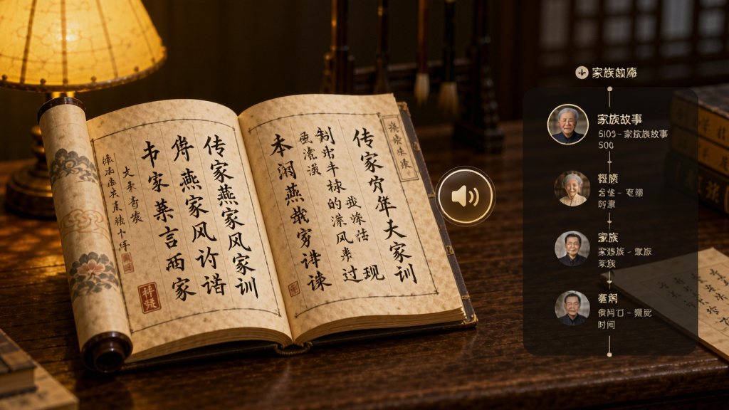 传家燕家风家训功能界面,画面展示一本打开的古风电子书卷,书卷上书写着家训文字,旁边有音频播放按钮与家族故事时间轴,背景是暖黄色灯光下的书桌,风格古朴雅致,排版整洁,画质清晰,无多余元素