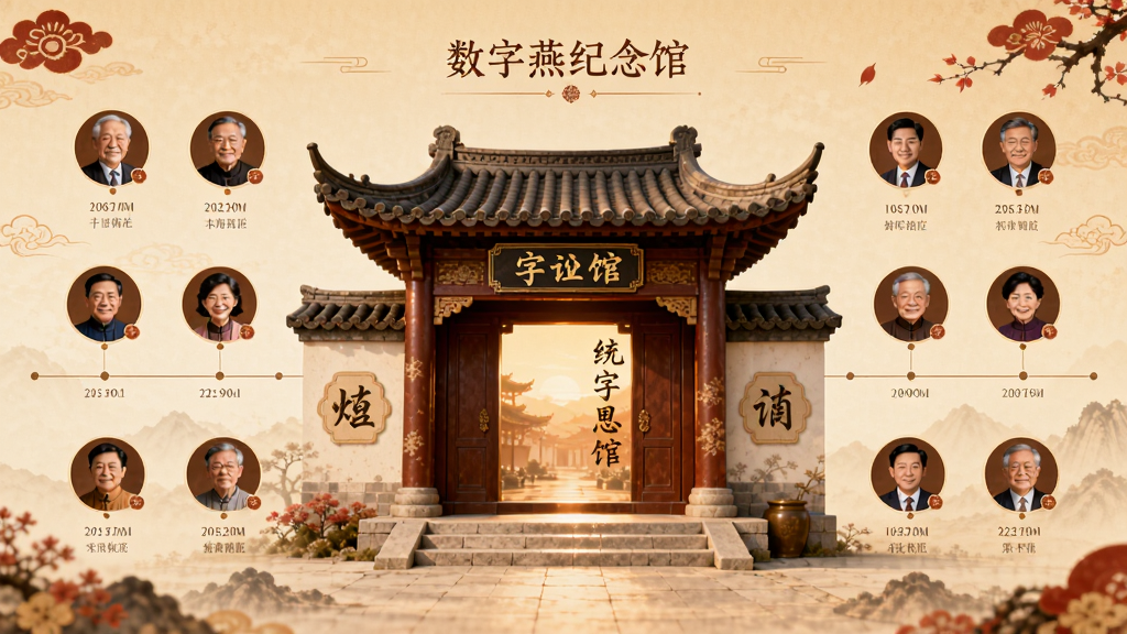 传家燕软件主界面展示,整体采用暖色调国风设计,画面中央是一个古风建筑风格的数字纪念馆入口,四周环绕着家族成员头像与时间轴,界面干净整洁,排版清晰,风格温馨庄重,细节精致,画质高清,无多余元素
