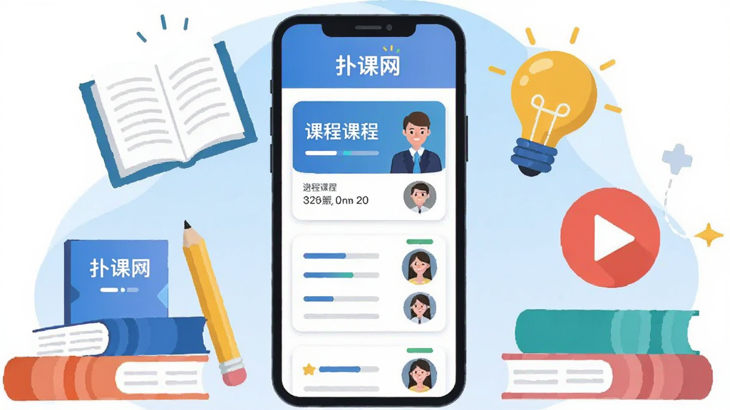 一幅展示在线教育学习场景的插画,画面中央是一部智能手机,手机屏幕上显示着“扑课网”的课程列表界面,周围环绕着书本、铅笔、灯泡、播放按钮等学习元素,背景是柔和的浅蓝色渐变,整体布局为居中构图,风格为扁平化插画,细节包括课程卡片、进度条和讲师头像,画质清晰干净,无多余元素。