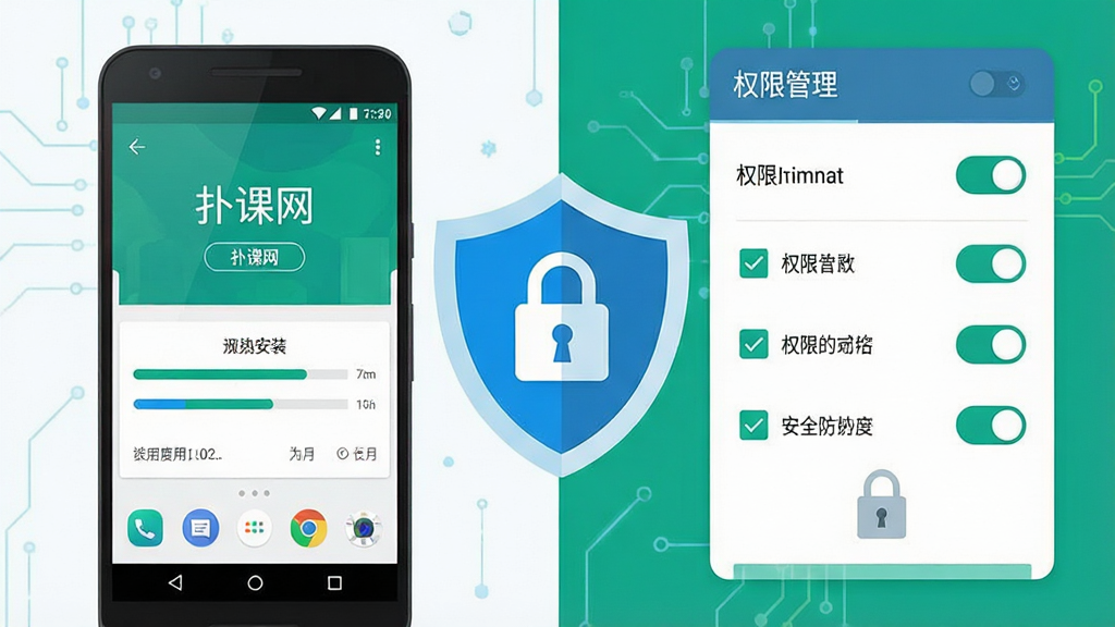 一幅展示手机应用安装与权限设置的示意图,画面左侧是一部安卓手机,屏幕上显示“扑课网”的安装界面,右侧是权限管理开关面板,画面中央有一个醒目的盾牌图标代表安全防护,布局为左右对比式,风格为科技感扁平插画,细节包括安装进度条、权限勾选框、安全锁图标,画质清晰干净,无多余元素。