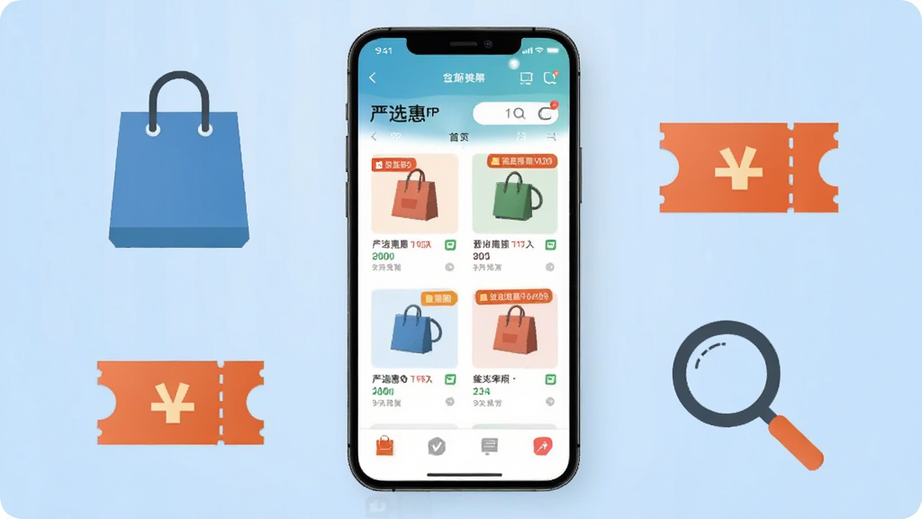 画面中央放置一部智能手机,手机屏幕上显示严选惠APP的首页界面,界面中包含商品卡片和优惠标签,手机周围环绕着购物袋、折扣券、放大镜等简约图标,背景为浅蓝色渐变,整体采用扁平化设计风格,细节清晰,画质干净明亮,无多余元素