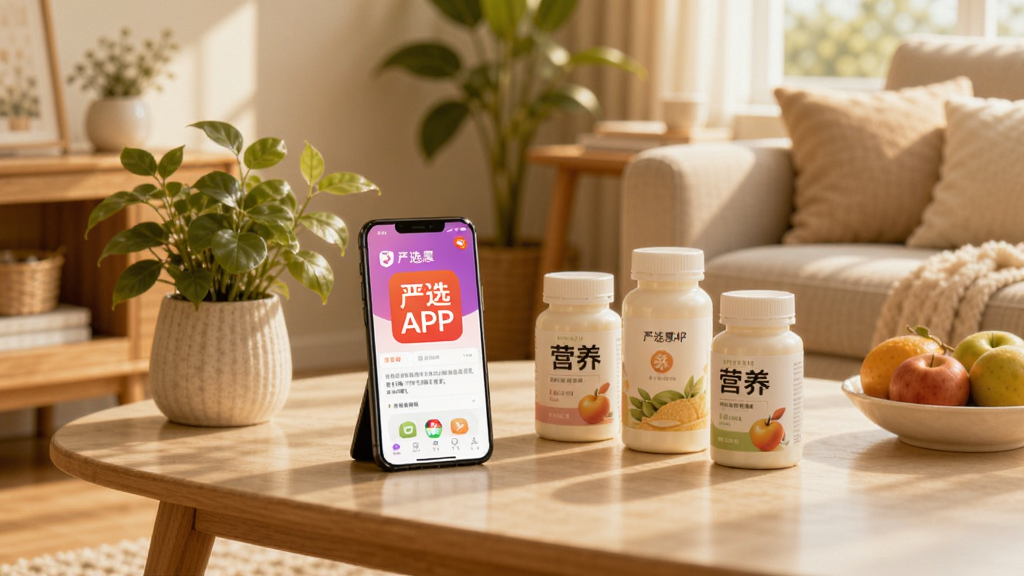 画面展示一个温馨的家庭客厅场景,茶几上摆放着严选惠APP的手机界面和几瓶营养品,旁边有绿植和水果,阳光从窗户洒入,风格温暖清新,画质柔和干净,无多余元素