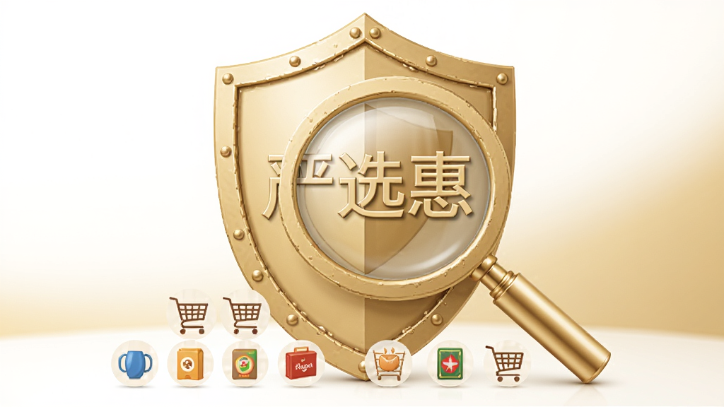 画面主体为一个大型金色盾牌与放大镜组合,盾牌上写有“严选惠”字样,盾牌前方整齐排列着各类商品小图标,背景为干净的白色与淡金色渐变,风格简洁商务,画质高清,无多余元素