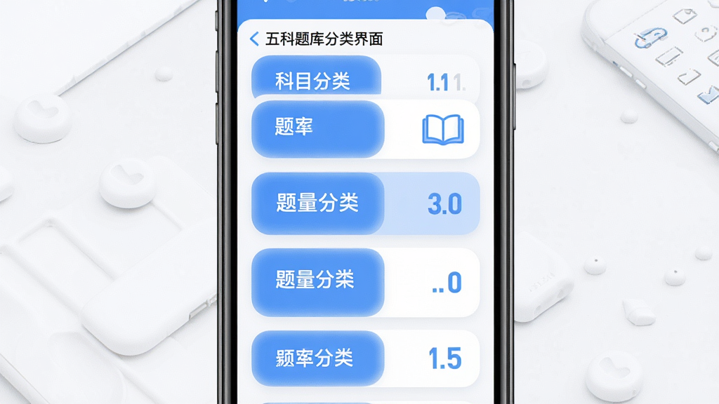 一张展示五科题库分类的界面图,主体是手机屏幕,布局为纵向排列五个科目卡片,排版整齐,风格为清新教育类UI,细节包含每张卡片上有科目名称与题量数字、蓝白配色、圆角矩形,画质高清、干净、无多余元素