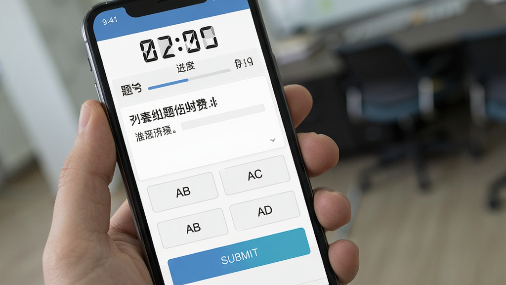 一张模拟考试计时答题界面,主体是手机横屏或竖屏答题页,布局为上方计时器与题号进度、中间题目内容、下方选项按钮,排版紧凑,风格为考试系统界面,细节包含倒计时数字、ABCD选项、提交按钮,画质高清、干净、无多余元素
