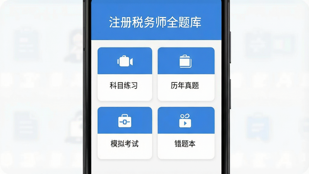 手机屏幕中显示注册税务师全题库应用界面,主体是一部竖屏安卓手机,布局为居中放置,上方有