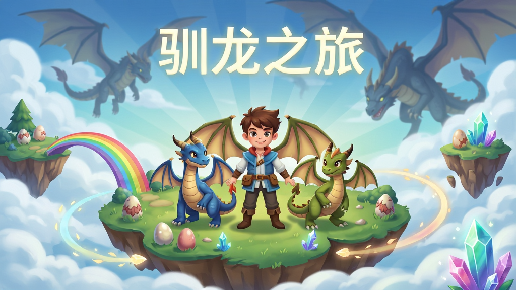 画面主体是一片漂浮在云海之上的奇幻大陆,大陆中央站着一位少年驯龙师,身边环绕三只不同形态的小龙,远处有巨大的龙影飞过天空,布局采用中心放射式构图,排版上方留白处用发光字体写“驯龙之旅”,风格为清新卡通奇幻风,细节包括彩虹桥、漂浮岛屿、龙蛋、发光水晶和飞行轨迹,画质高清,干净,无多余元素