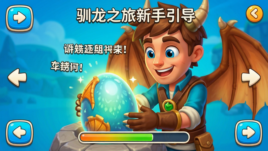 驯龙之旅新手引导界面,画面主体是一位驯龙师正在孵化龙蛋,布局为居中特写式,排版四周有操作提示按钮和箭头指引,风格为明亮卡通教程风,细节包括发光龙蛋、进度条和飘浮的提示文字,画质清晰,干净,无多余元素