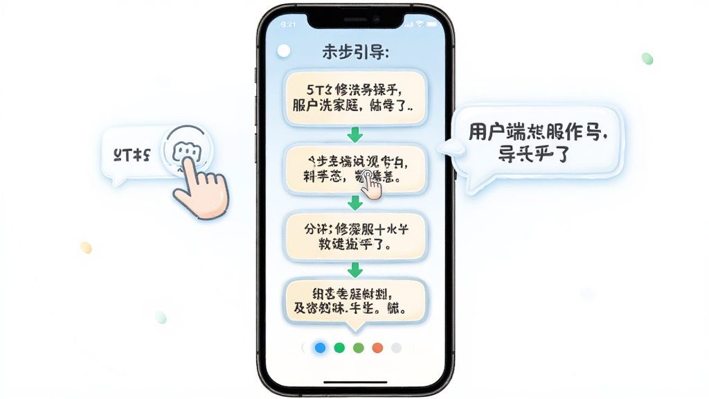 修洗家庭服务平台用户端新手操作引导界面,手机屏幕内显示步骤指示与提示气泡,布局为分步引导式,风格为友好卡通插画风,细节有手指点击图标、进度圆点、文字说明框,画质高清,干净,无多余元素