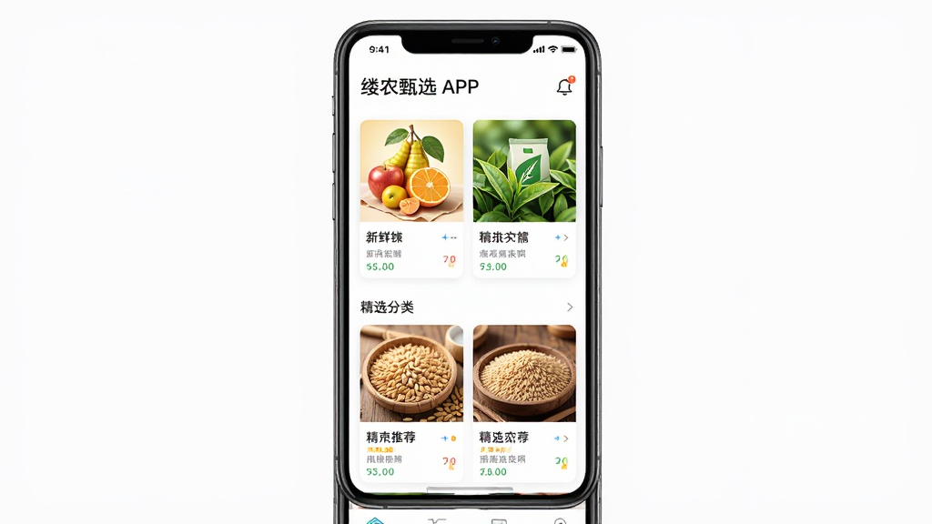 缕农甄选APP界面展示,手机屏幕中呈现农产品分类列表与精选推荐商品,主体为一部智能手机,布局居中,排版简洁清晰,风格现代扁平化,细节包括新鲜水果、茶叶、谷物等农产品图标与图片,画质高清,干净,无多余元素