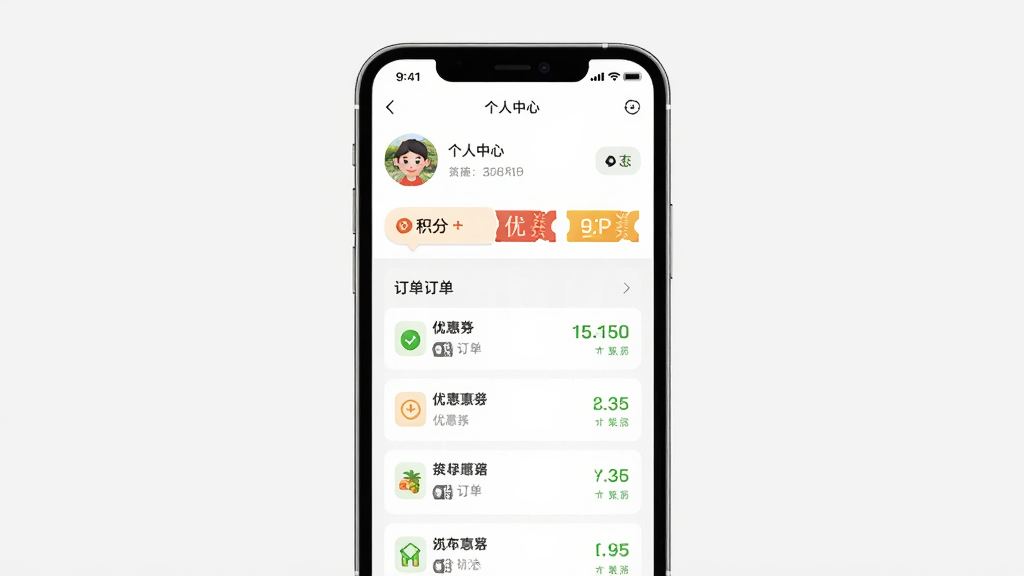 缕农甄选APP操作界面截图,手机屏幕显示个人中心页面与订单列表,主体为手机,布局居中,排版整洁,风格简约清新,细节包括头像、积分、优惠券与订单状态图标,画质高清,干净,无多余元素