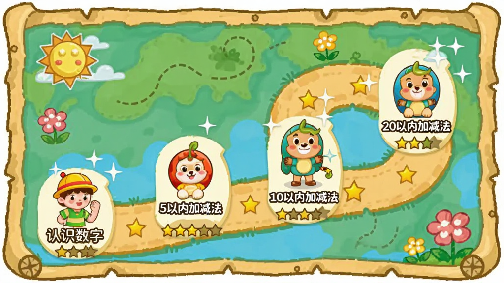幼儿园学数学加减法课程进阶路线图,画面展示一条弯曲的小路,从起点“认识数字”到“5以内加减法”“10以内加减法”“20以内加减法”,每个节点有对应的图标和星级评价,整体风格像一张寻宝地图,色彩丰富,画质清晰,无多余元素