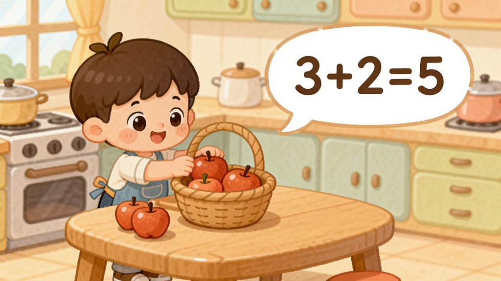 幼儿园学数学加减法情景化教学场景,画面展示一个卡通厨房,桌上放着苹果和篮子,一个小男孩正在把苹果放进篮子,旁边显示“3+2=5”的算式和语音气泡,界面色彩温暖柔和,风格可爱童趣,画质清晰,无多余元素