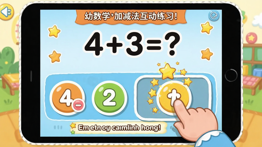幼儿园学数学加减法互动练习界面,画面显示一道“4+3=?”的题目,下方有数字选项和拖拽区域,一个小朋友用手指点击正确答案,屏幕上有星星特效和鼓励文字,界面设计简洁明快,卡通风格,画质清晰干净