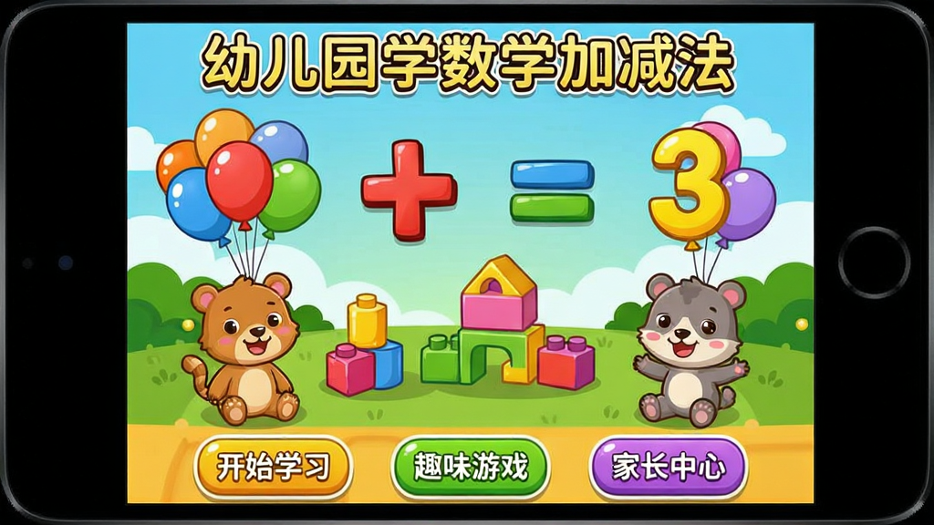 幼儿园学数学加减法软件主界面展示,画面中央是卡通风格的数学乐园场景,包含数字气球、加减符号、彩色积木和可爱的动物角色,界面布局清晰,上方显示软件名称“幼儿园学数学加减法”,下方有开始学习、趣味游戏、家长中心等按钮,整体风格活泼明快,适合幼儿审美,画质清晰干净,无多余元素
