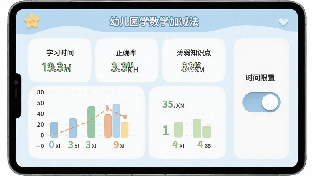 幼儿园学数学加减法家长中心界面,画面展示一个简洁的数据面板,包含学习时长、正确率、薄弱知识点等图表,旁边有设置时间限制的开关按钮,界面风格清爽,配色柔和,画质清晰,无多余元素