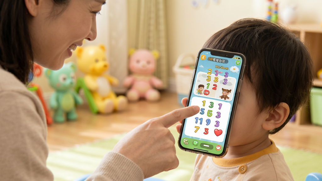 幼儿园学数学加减法新手使用场景,画面展示一位家长和孩子一起看手机屏幕,屏幕上显示软件的学习界面,家长手指着屏幕上的题目,孩子认真地看着,画面温馨,风格写实偏卡通,画质清晰,无多余元素