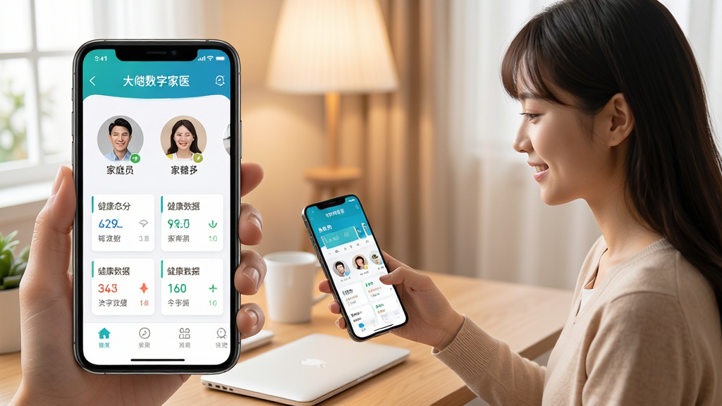 主体为一位年轻用户手持手机查看家庭健康档案页面,屏幕上清晰展示“大白数字家医”家庭成员头像列表与健康数据卡片;布局为人物半身居右,手机界面放大居左;排版简洁,突出应用界面;风格为温馨家庭医疗场景;细节包含柔和室内光线、整洁桌面、手机屏幕高亮;画质为高清,干净无多余元素。